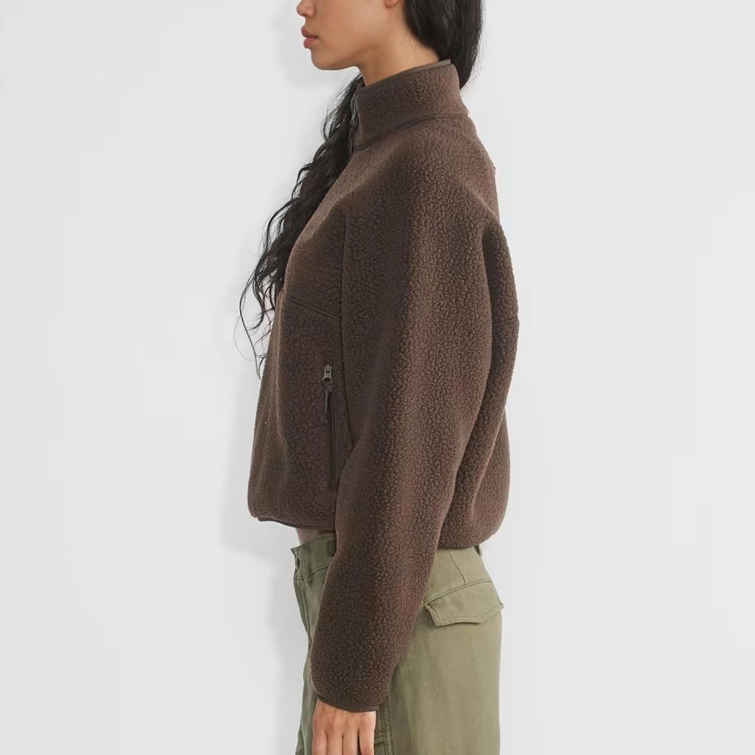 Womens Cropped Half Zip Fuzzy Warm Sherpa Fleece Pullover with Zipper Pockets