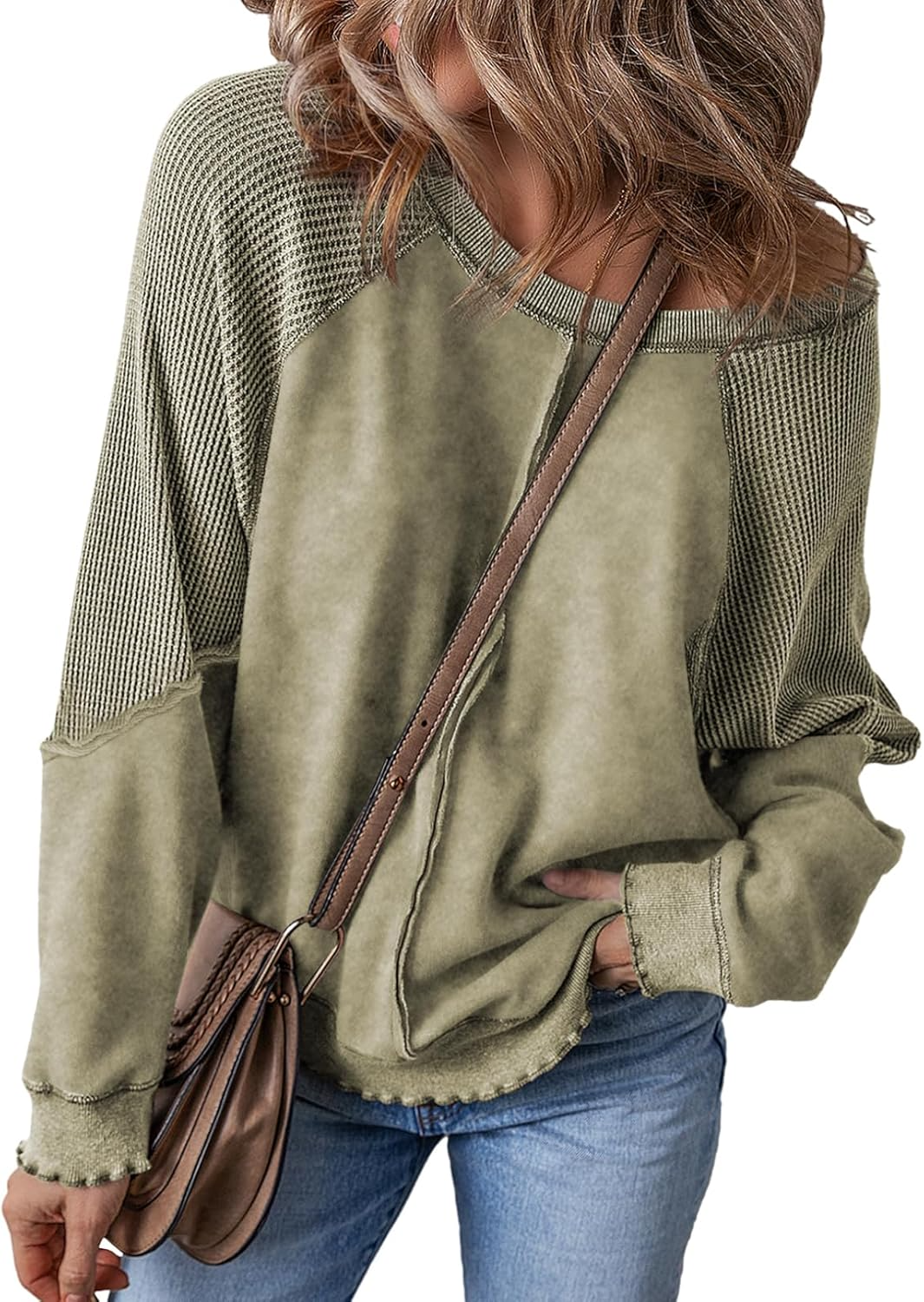 Womens Oversized Crewneck Long Sleeve Waffle Knit Tops