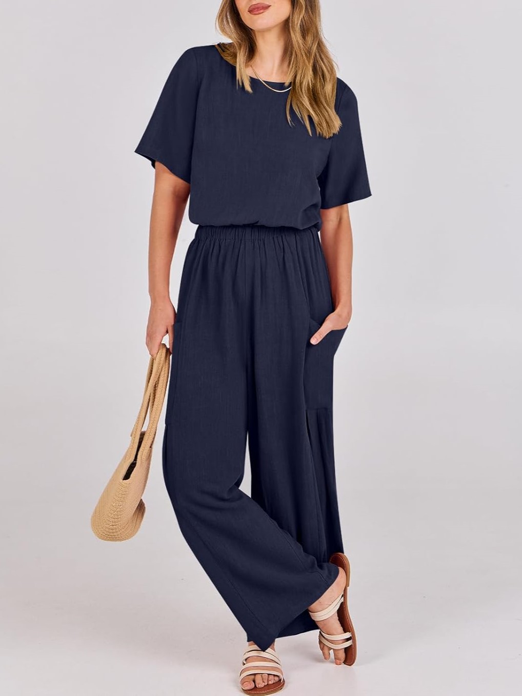Short Sleeve Wide Leg Pants Linen Romper With Pockets