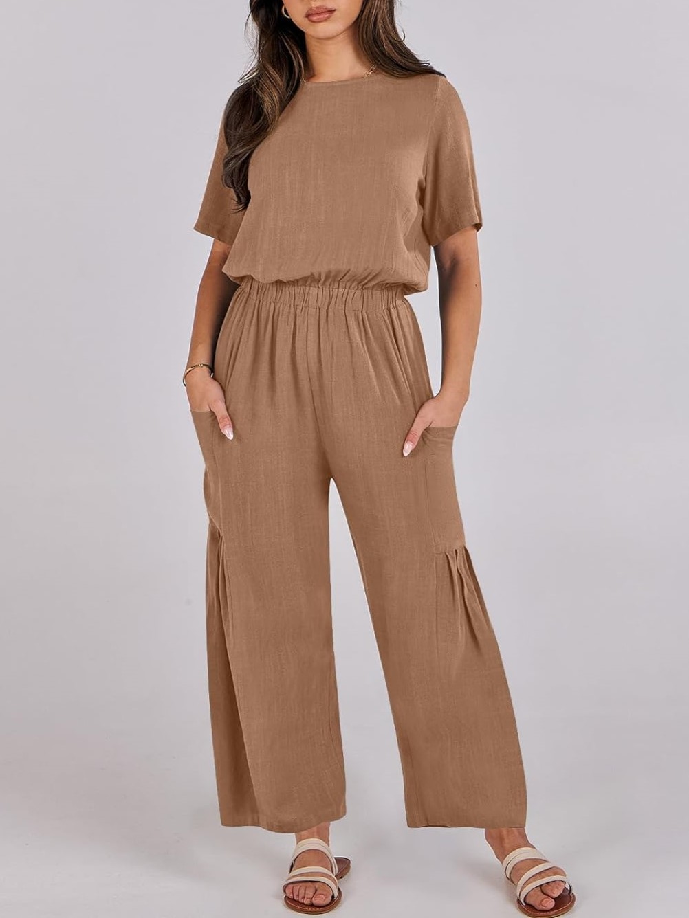 Short Sleeve Wide Leg Pants Linen Romper With Pockets