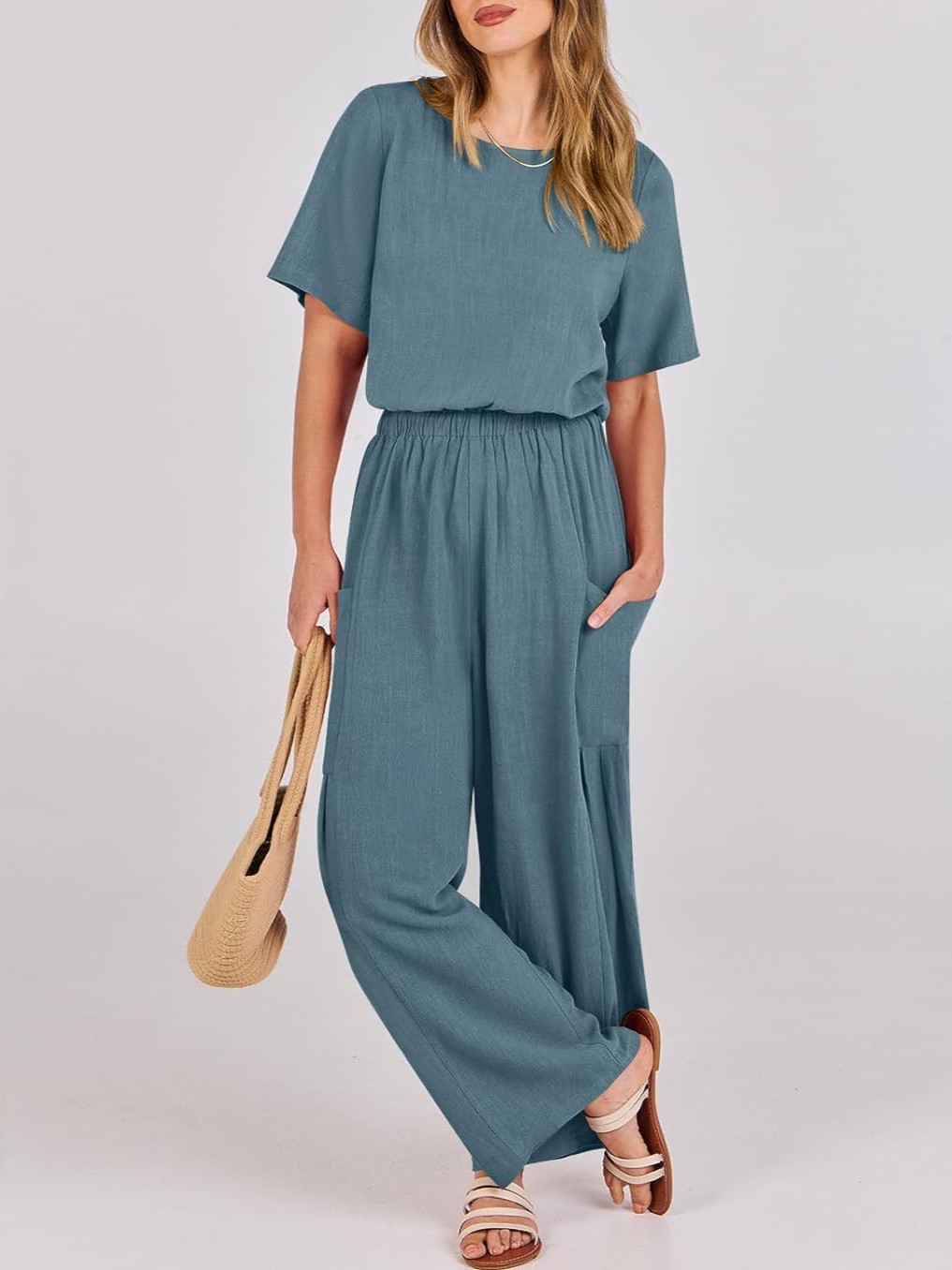 Short Sleeve Wide Leg Pants Linen Romper With Pockets