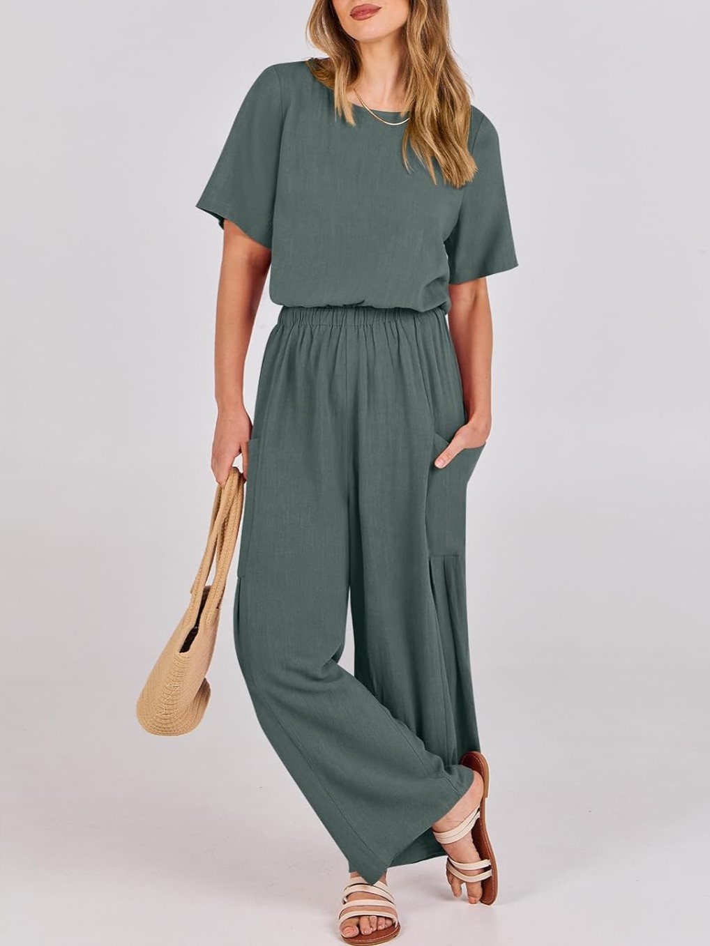 Short Sleeve Wide Leg Pants Linen Romper With Pockets