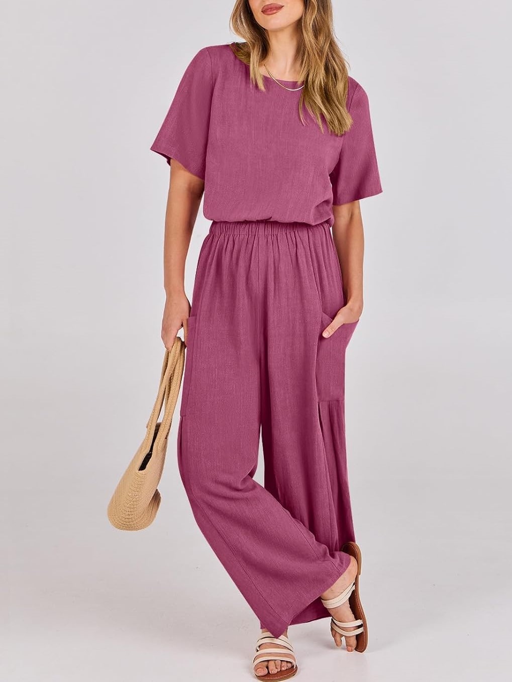 Short Sleeve Wide Leg Pants Linen Romper With Pockets