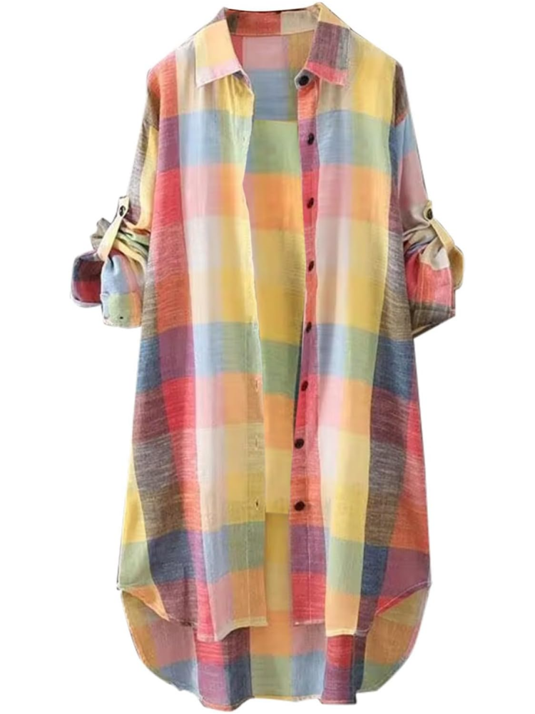 Women Casual Long Sleeve Button Down Loose Gingham Jacket