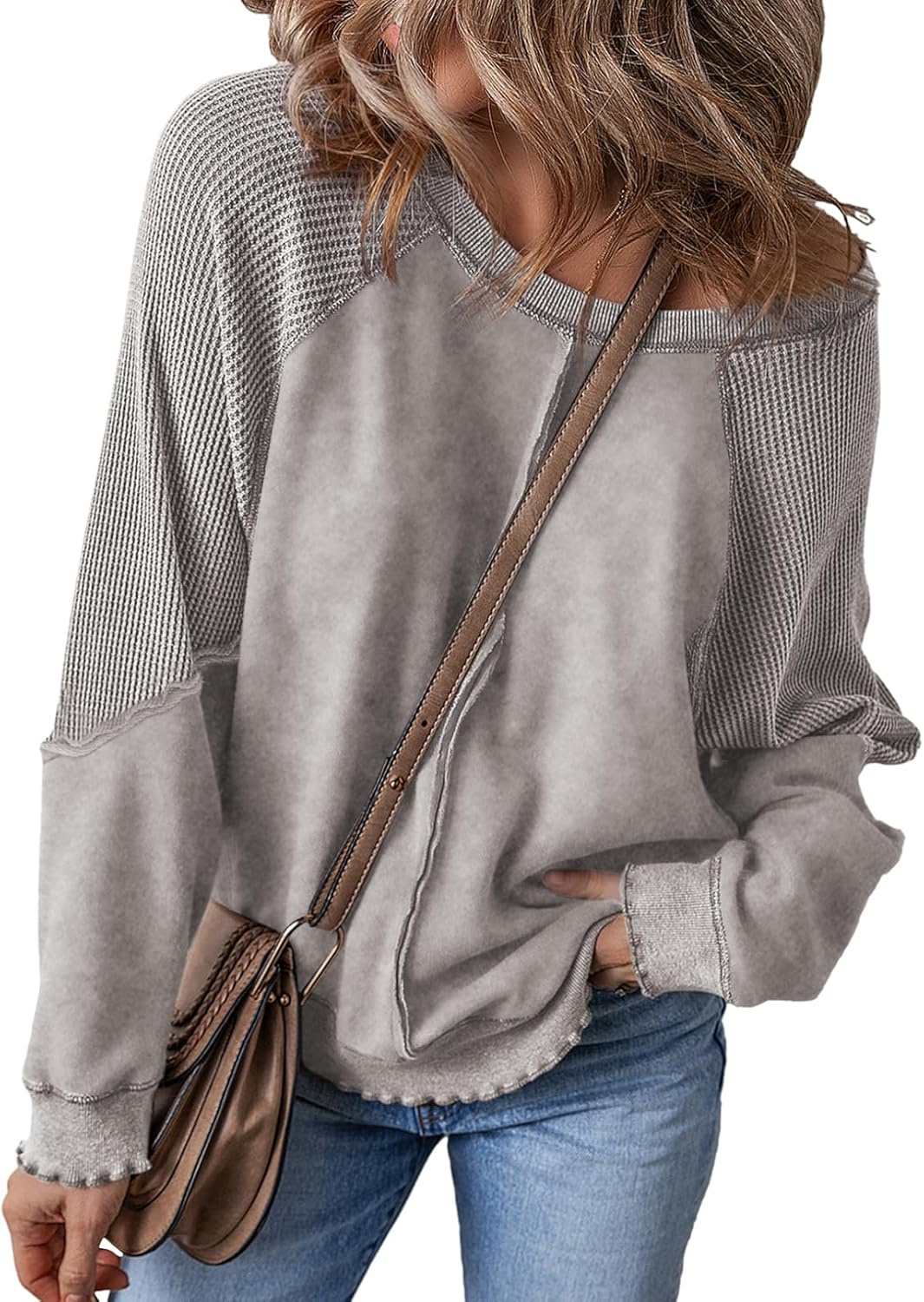 Womens Oversized Crewneck Long Sleeve Waffle Knit Tops