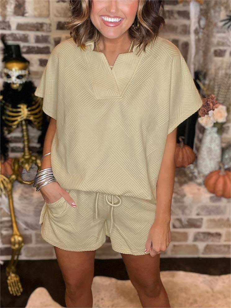 Textured V Neck Top And Short Set
