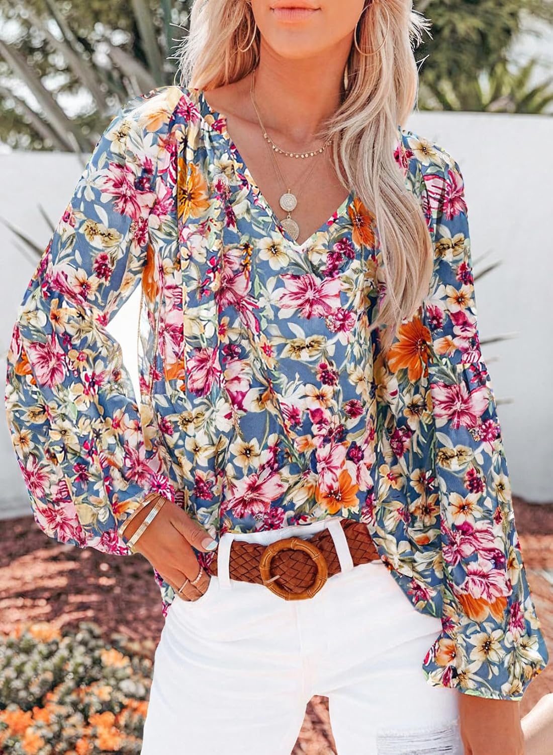 Women's Casual Boho Floral Print V Neck Long Sleeve Shirt Top