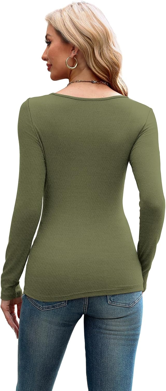 HOT SALE Womens Cutout Long Sleeve Shirts Ribbed Slim Fit Tops