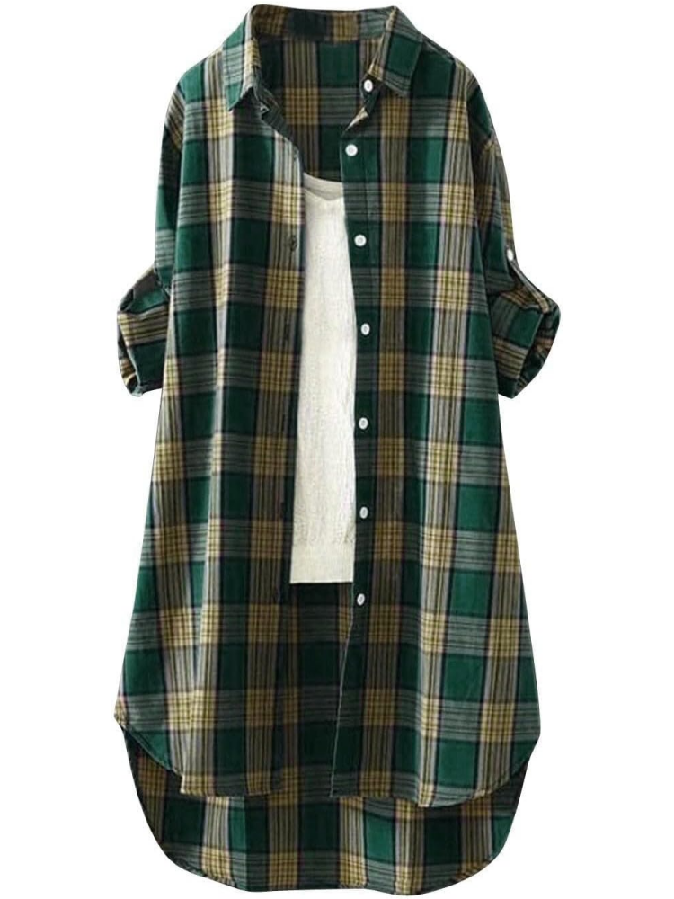 Women Casual Long Sleeve Button Down Loose Gingham Jacket