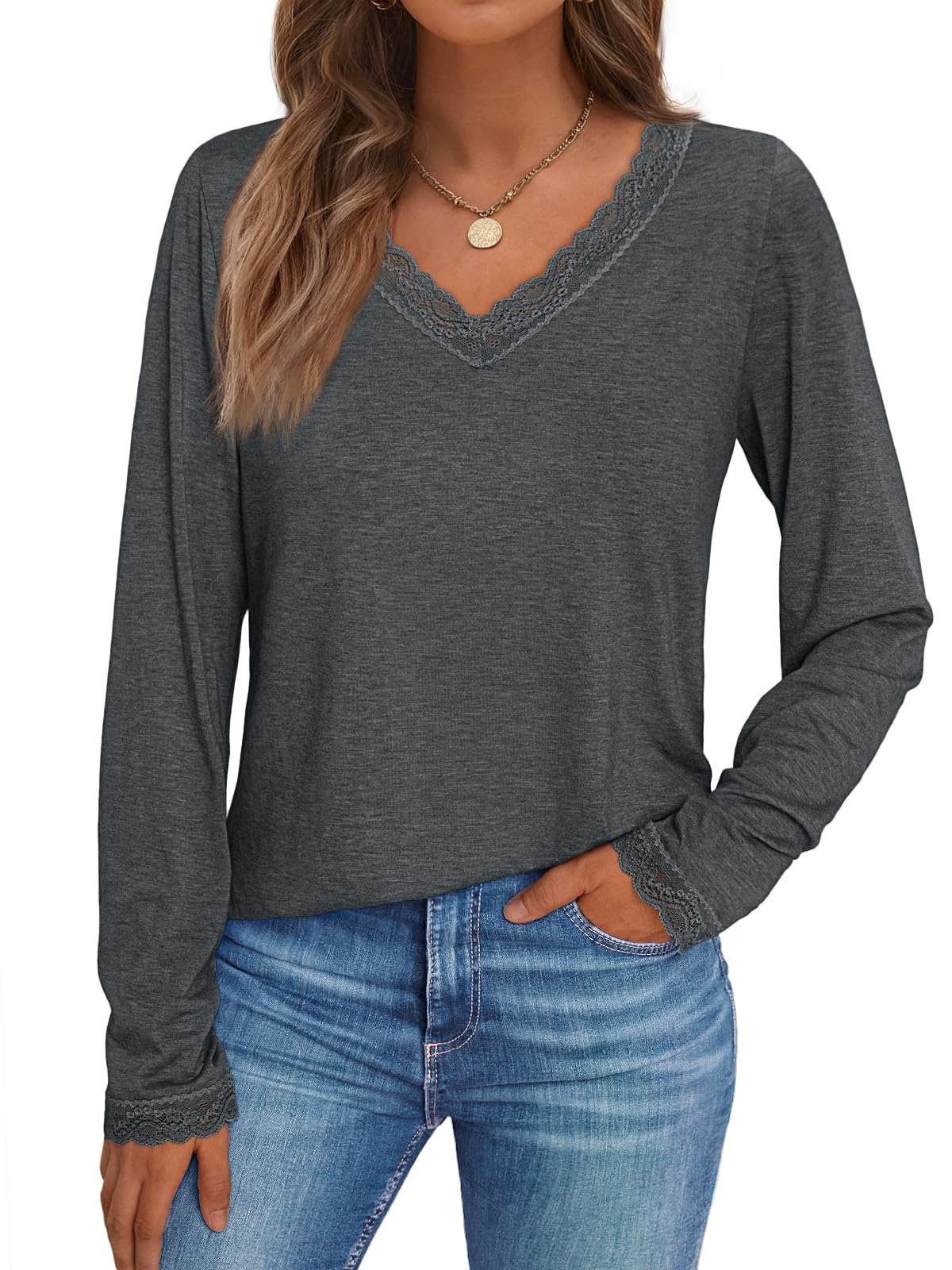 V Neck T Shirts for Women Lace Long Sleeve Tops