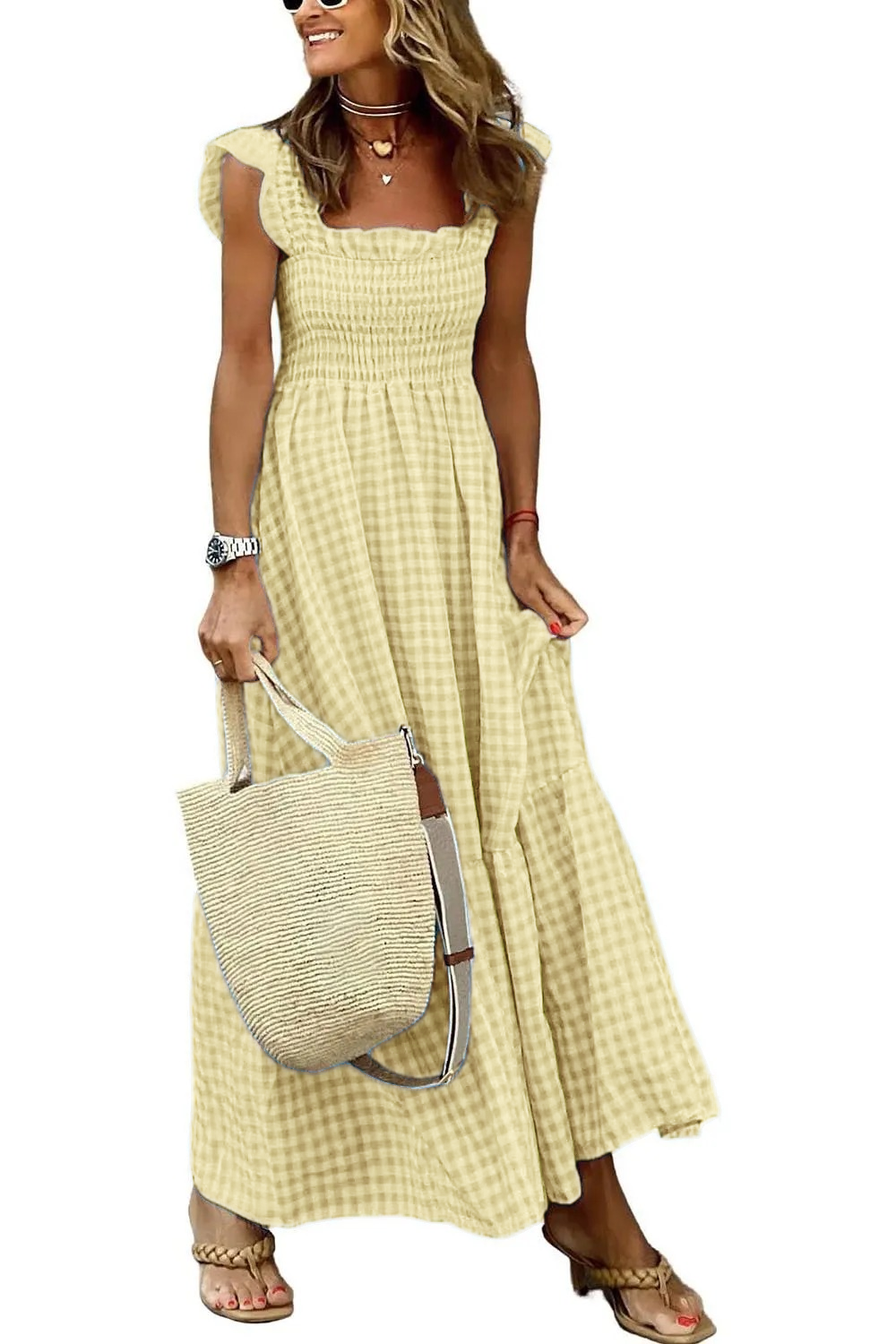 Women's Retro Plaid Smocked Dress Spaghetti Strap Flounce Long Dress With Pockets(BUY 2 FREE SHIPPING)