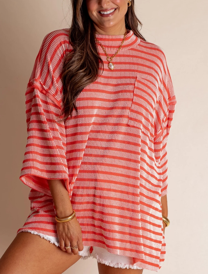 🌸Women's 2025 Spring New  Ribbed Striped Crew Neck Pocket Top(Buy 2 Free Shipping)