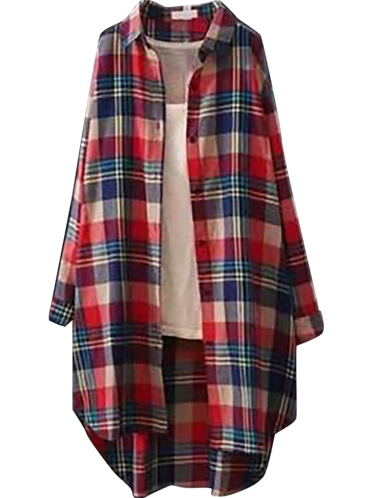 Women Casual Long Sleeve Button Down Loose Gingham Jacket