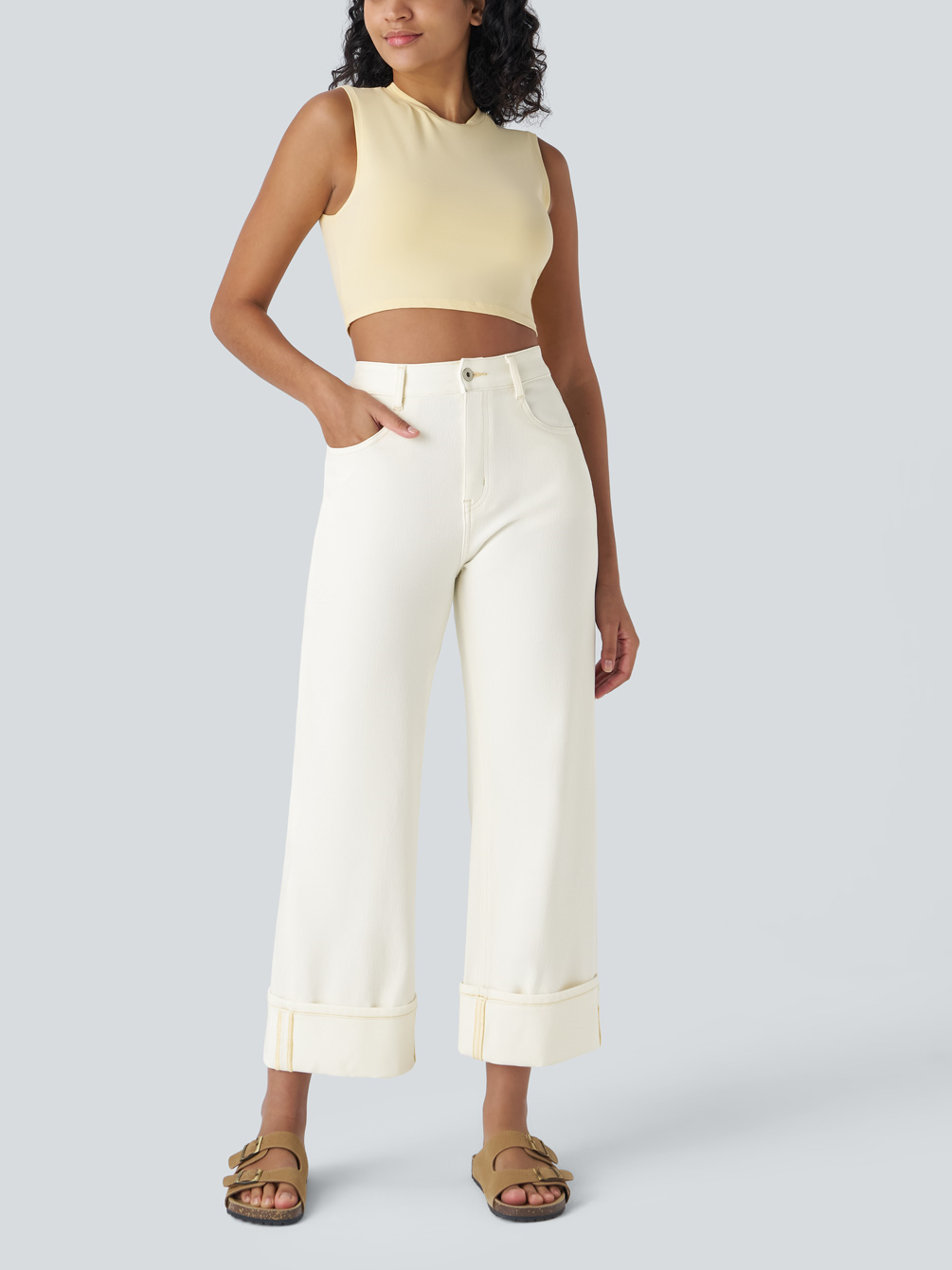 Women's High Waisted Multiple Pockets Rolled Hem Wide Leg Jeans