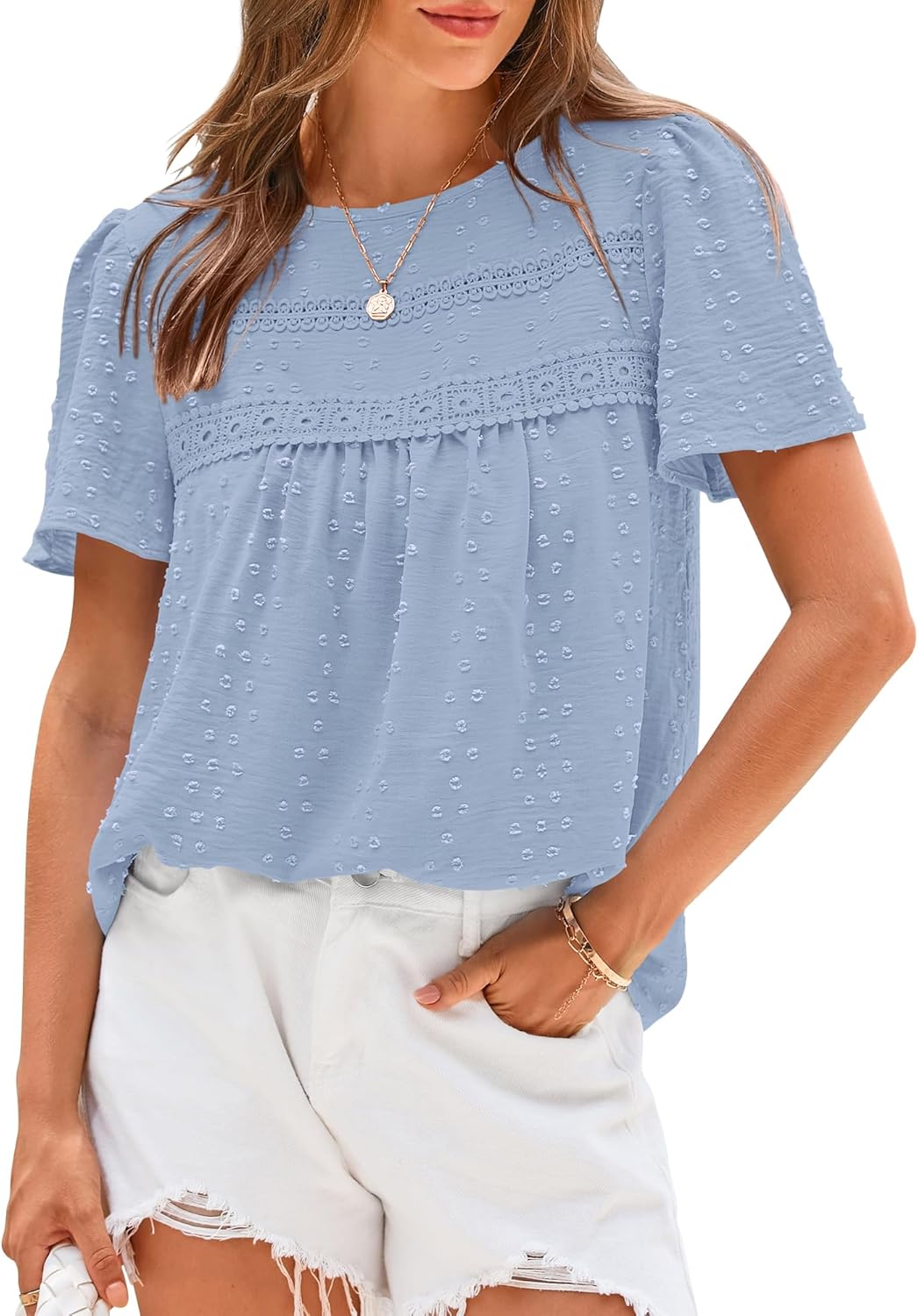 Swiss Dot Lace Crochet Crewneck Boho Short Sleeves(Buy 2 Free Shipping)