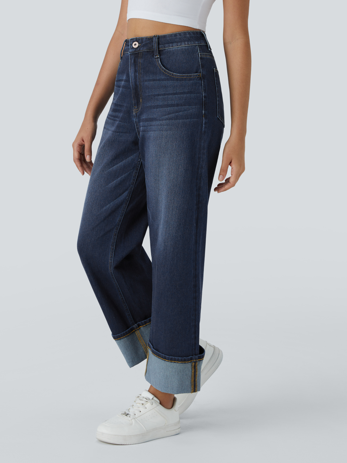 Women's High Waisted Multiple Pockets Rolled Hem Wide Leg Jeans