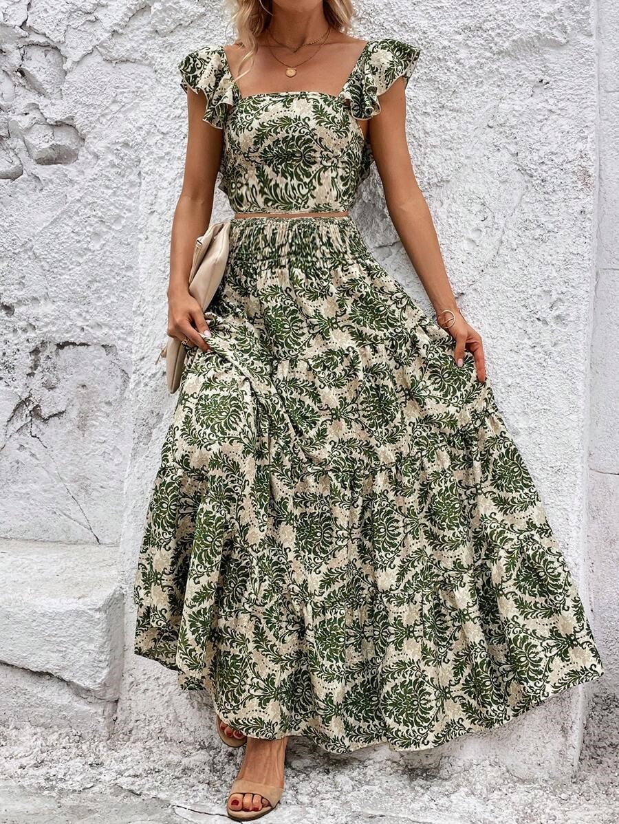 All-over Print Suspender Ruffle Trim Top & Skirt Casual Vacation Set