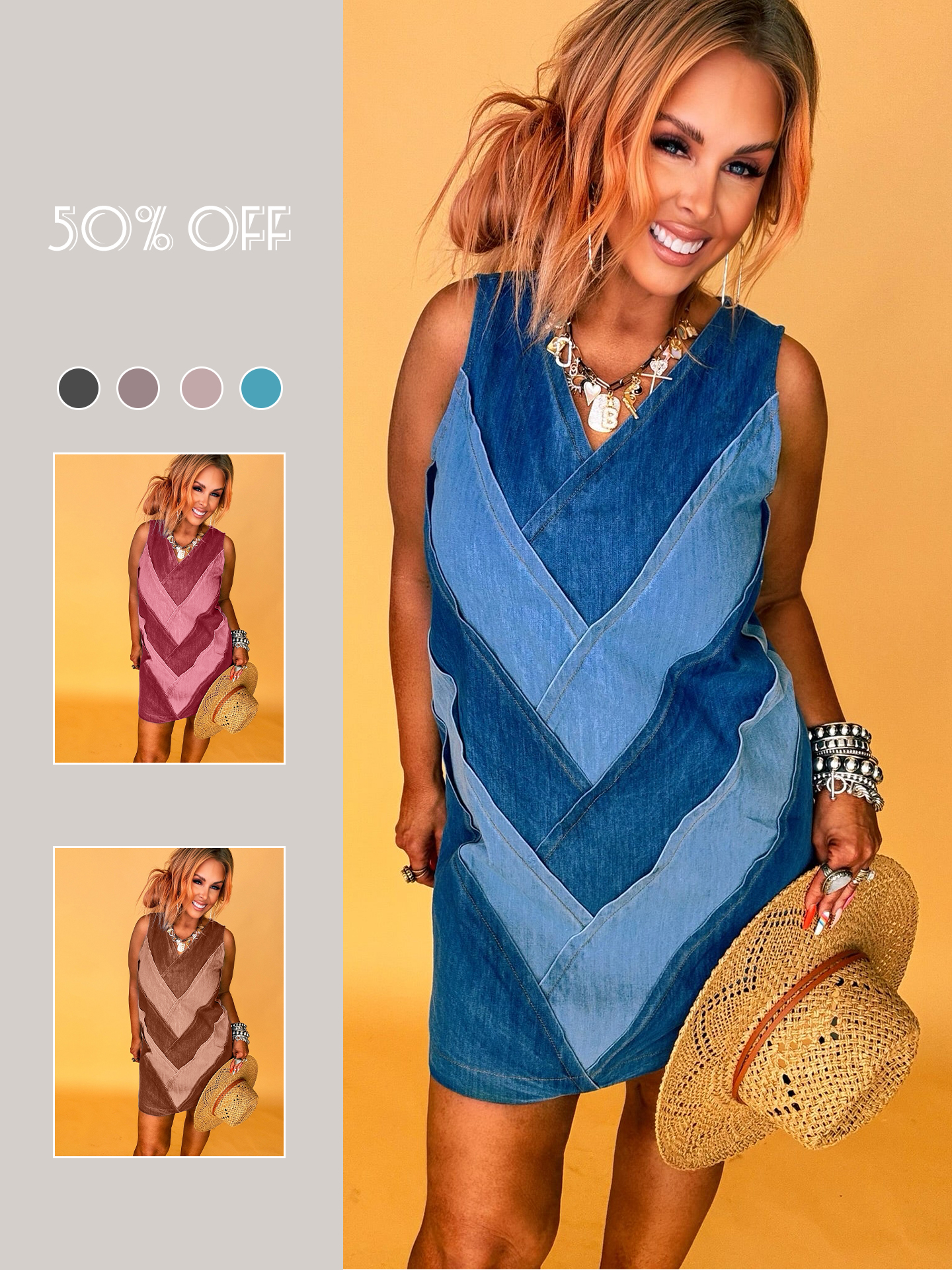 Chevron Sleeveless V Neck Midi Denim Tank Dress