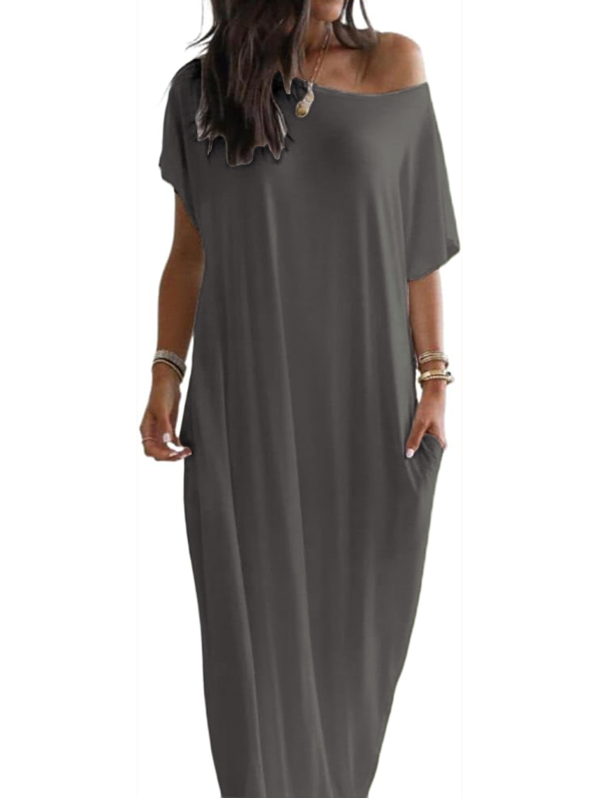 Women's Off-shoulder Solid Color Bat Sleeve Dress Casual Long Dress(BUY 2 FREE SHIPPING)