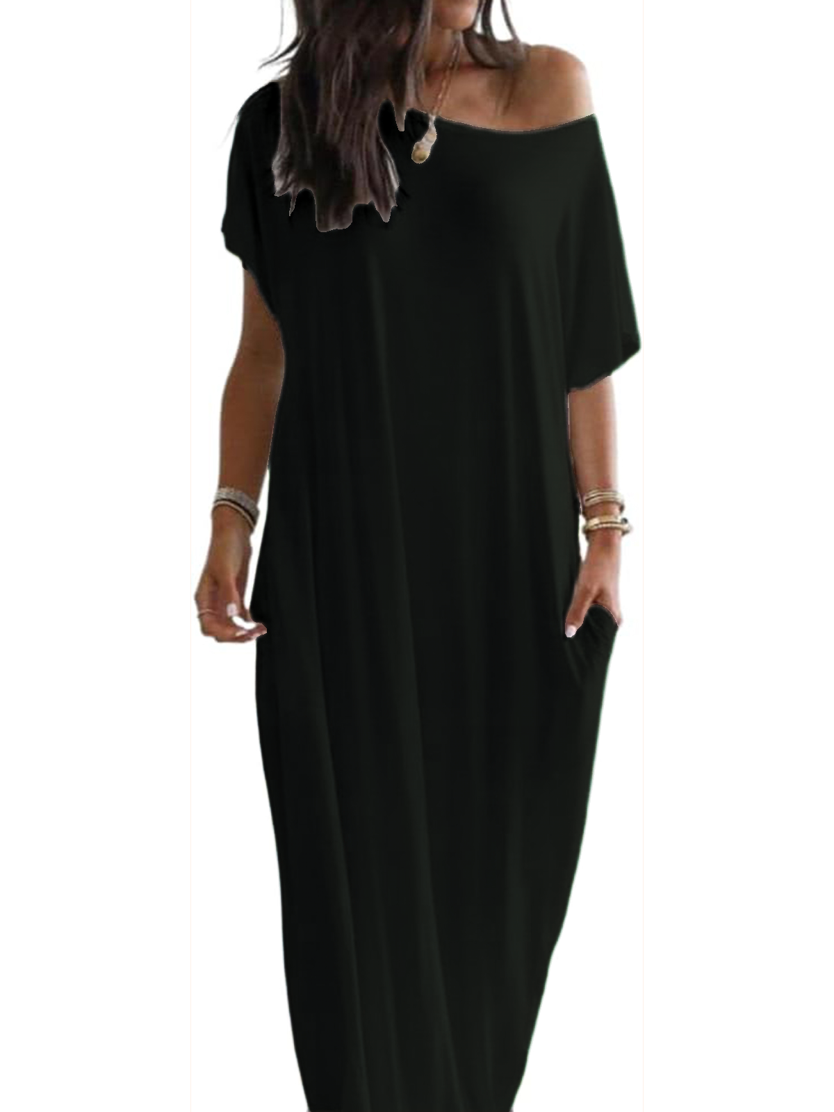 Women's Off-shoulder Solid Color Bat Sleeve Dress Casual Long Dress(BUY 2 FREE SHIPPING)