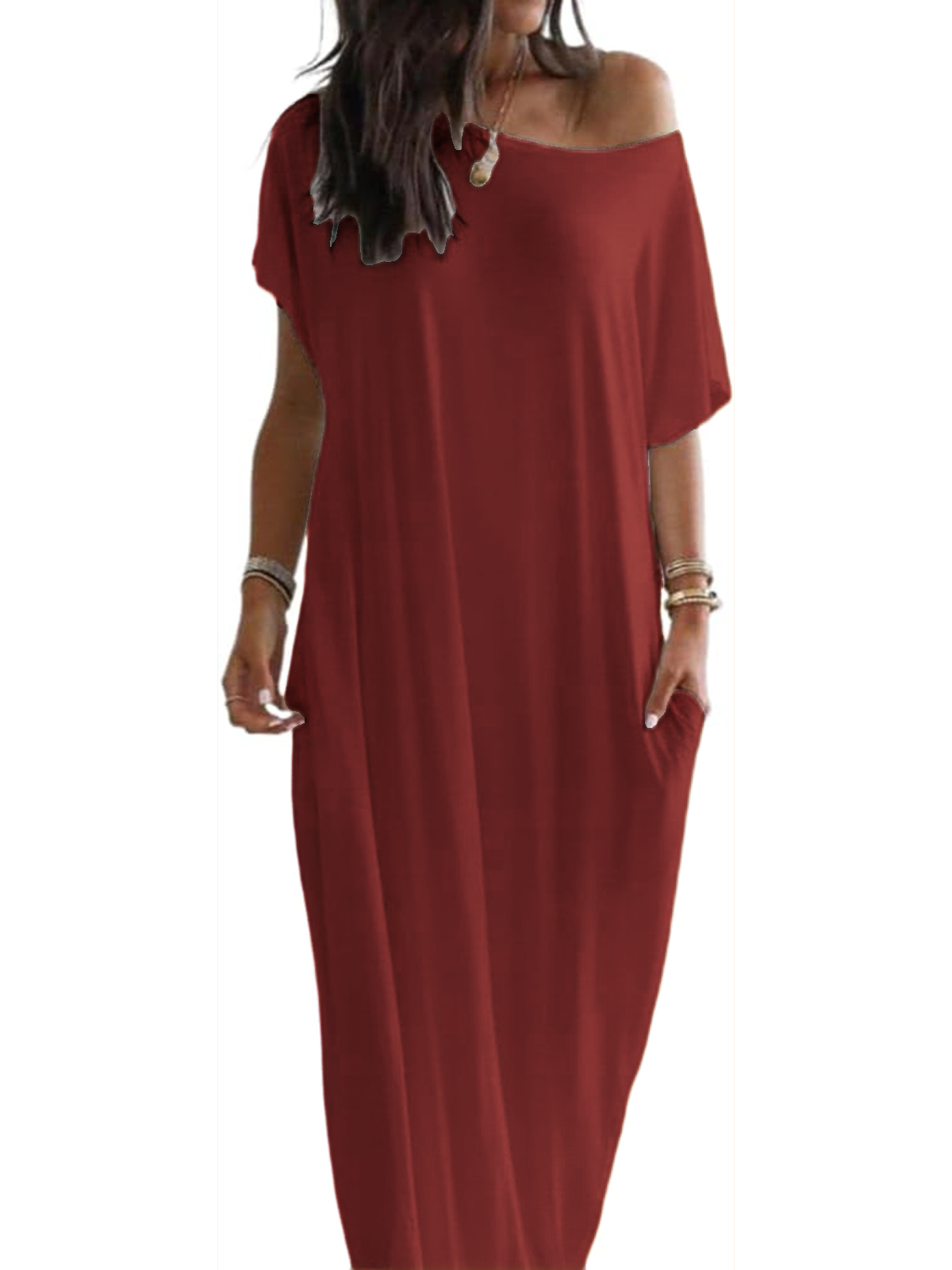 Women's Off-shoulder Solid Color Bat Sleeve Dress Casual Long Dress(BUY 2 FREE SHIPPING)