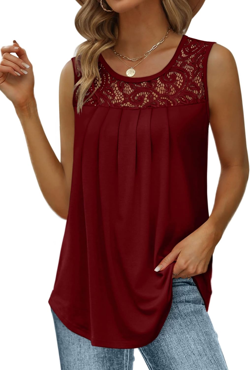 Women's Loose Fit Pleated Scoop Neck Sleeveless Lace Tank Tops (Buy 3 Free Shipping)