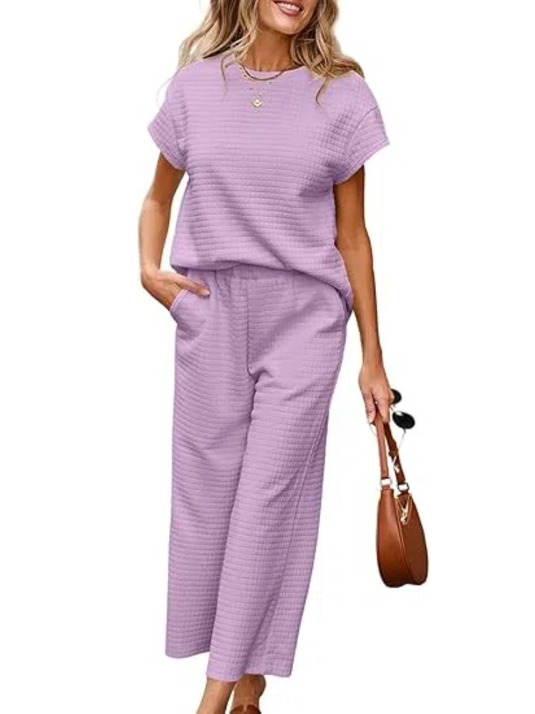 Women's Casual Textured Tops and Wide Leg Pants Lounge Sets