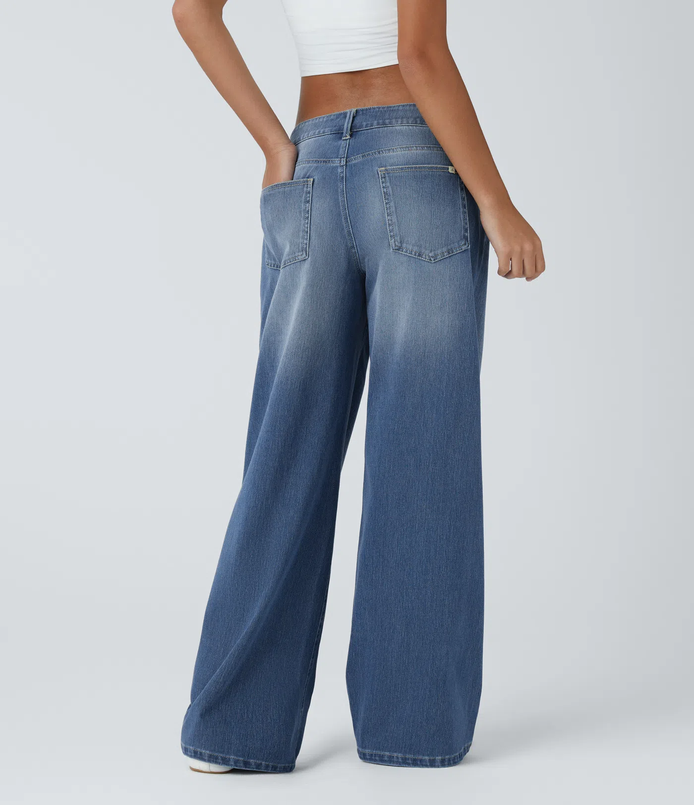 Asymmetric Low Rise Zipper Pockets Baggy Wide Leg Washed Casual Jeans