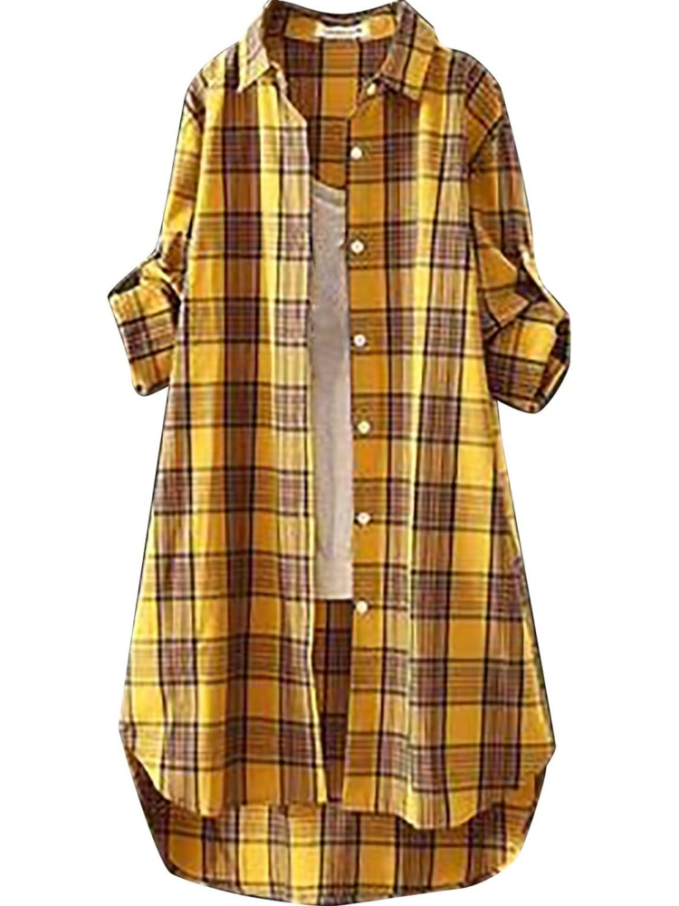 Women Casual Long Sleeve Button Down Loose Gingham Jacket