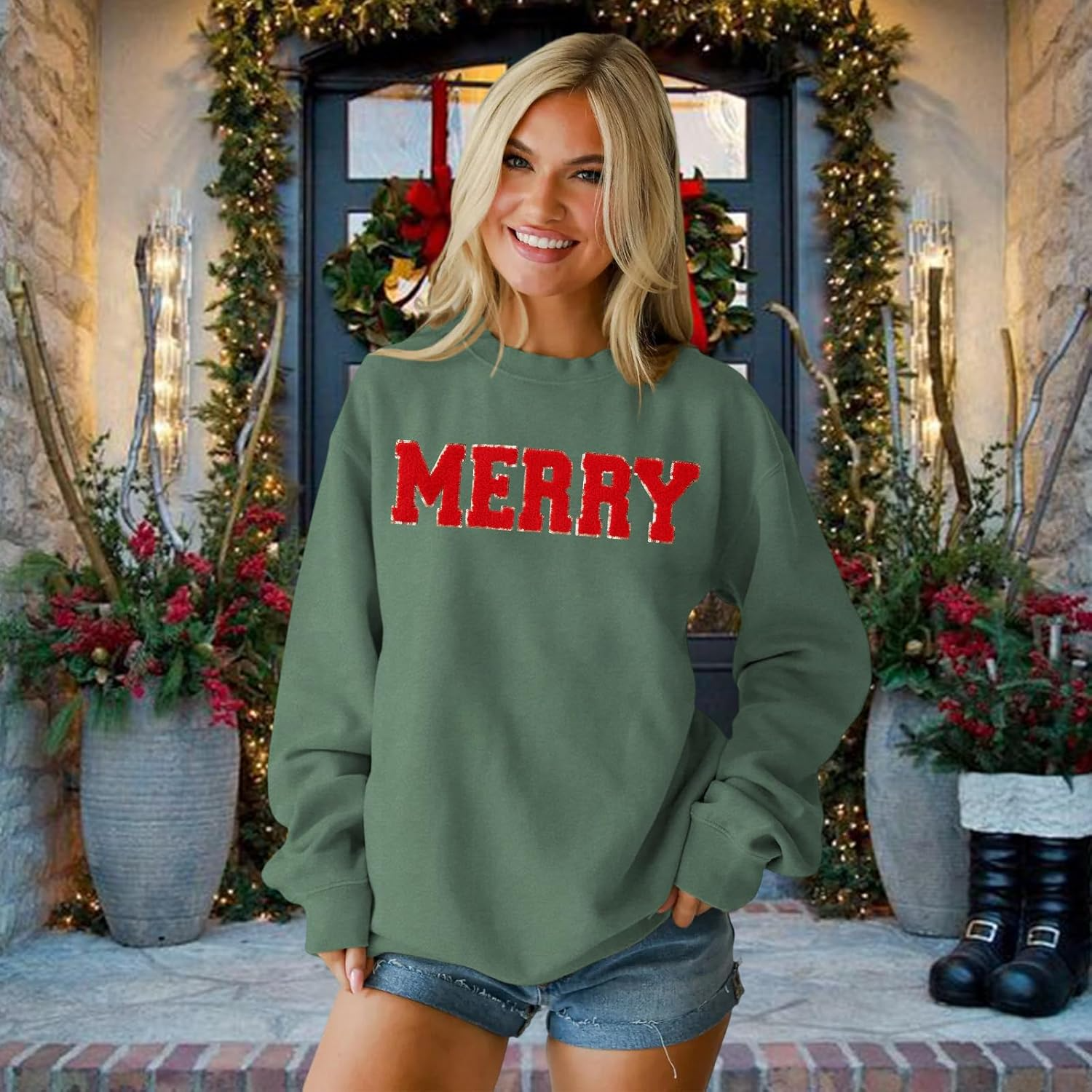Merry Christmas Glitter Patch Oversized Sweatshirt (BUY 2 FREE SHIPPING)