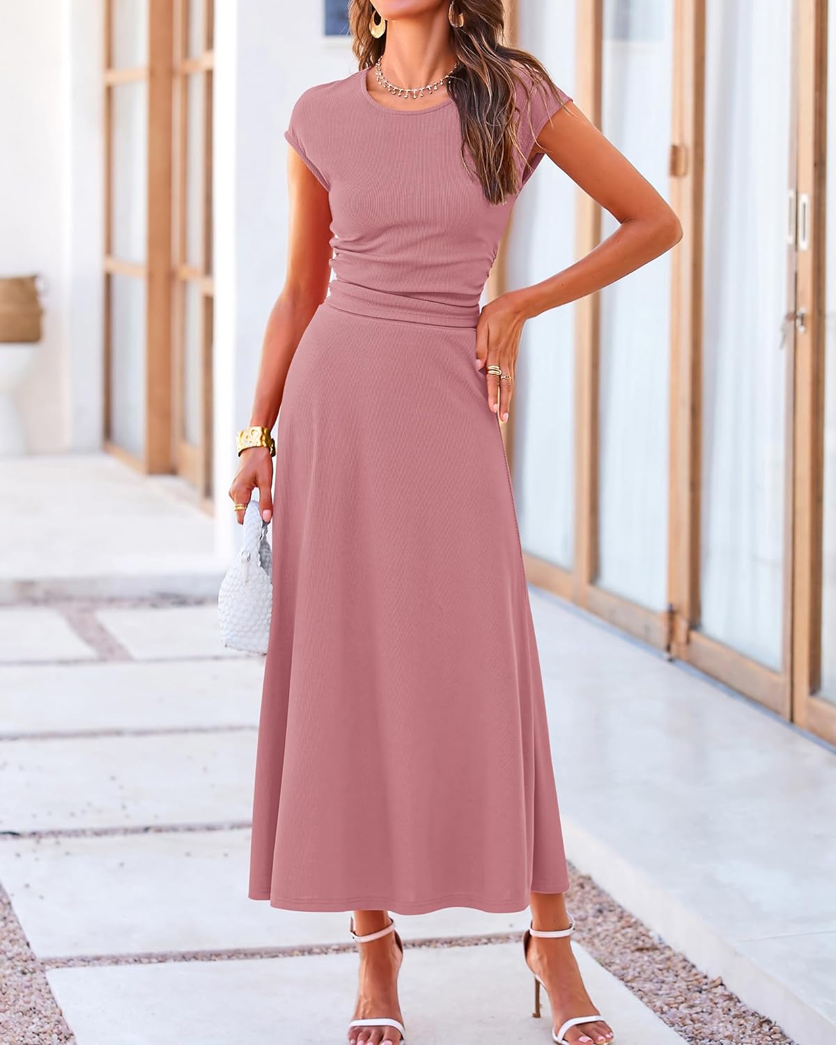 Casual Cropped Top Elastic Waist Swing Midi Skirts Set