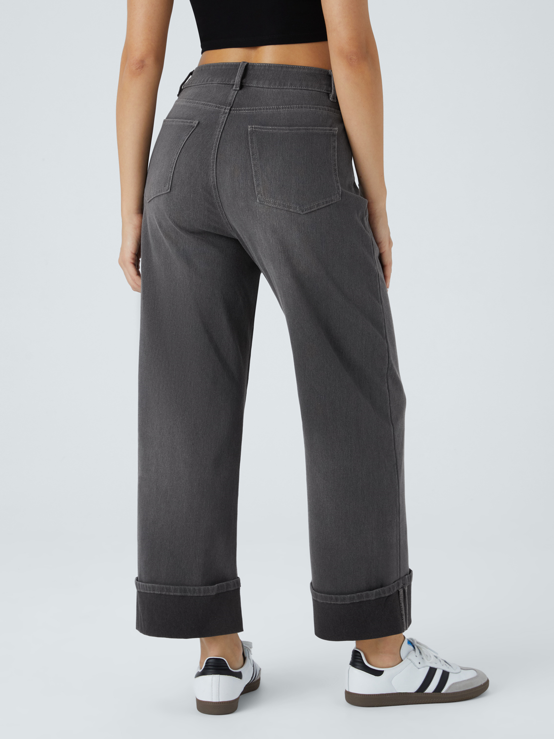 Women's High Waisted Multiple Pockets Rolled Hem Wide Leg Jeans