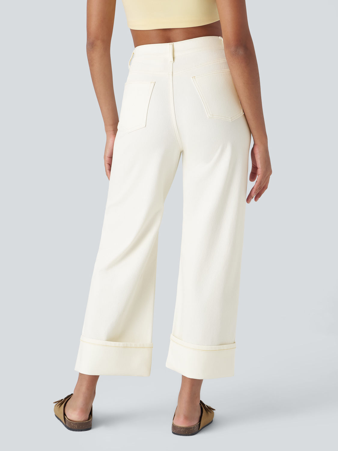 Women's High Waisted Multiple Pockets Rolled Hem Wide Leg Jeans