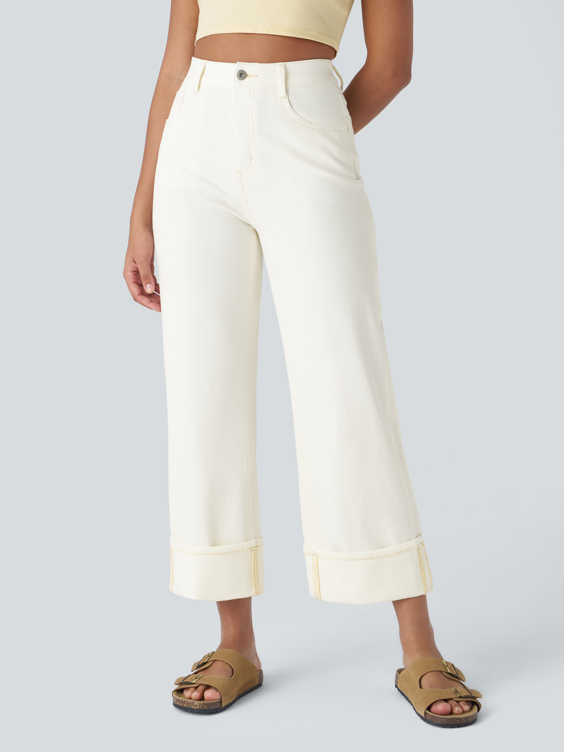 Women's High Waisted Multiple Pockets Rolled Hem Wide Leg Jeans