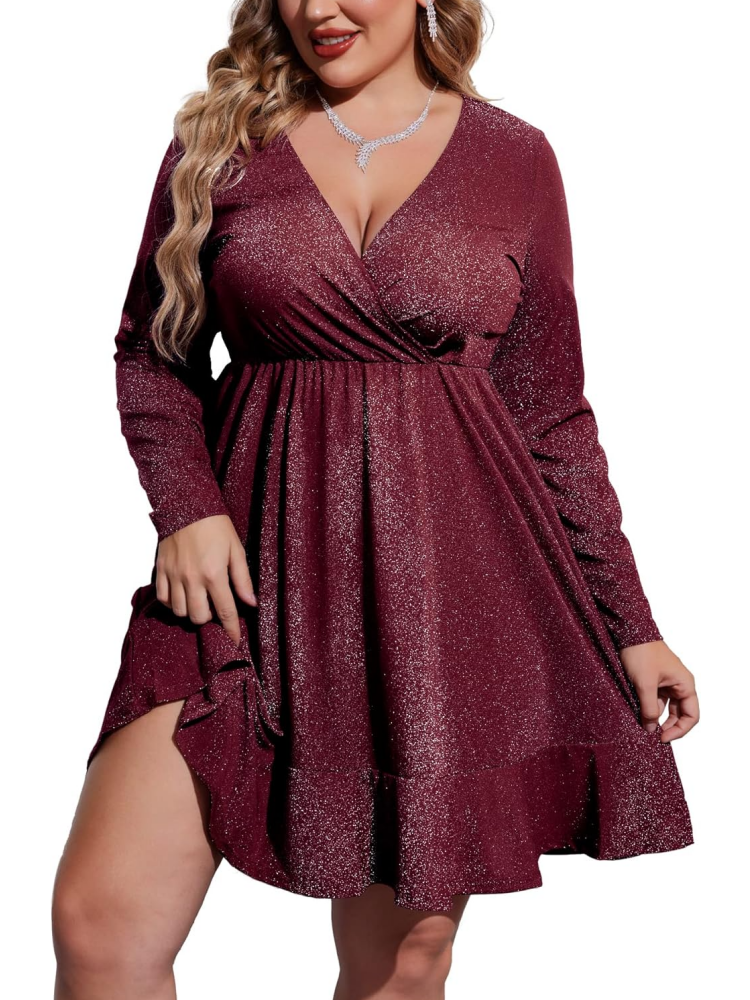 Womens Glitter Dress V Neck Long Sleeve Ruffle Hem Glitter Dress