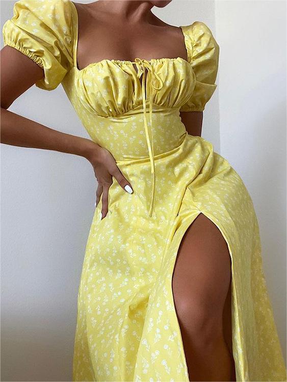 Elegant Square Neck Puff Sleeve Floral Maxi Dress