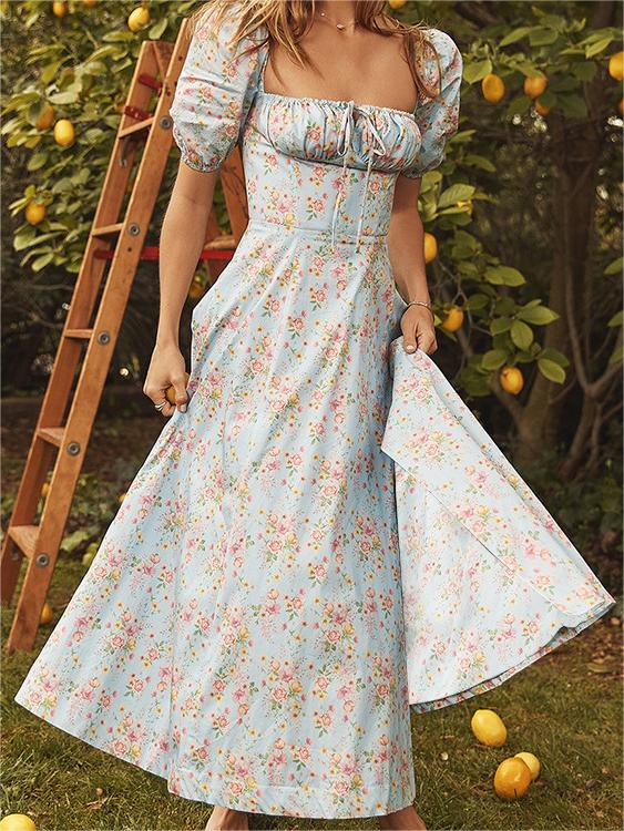 Elegant Square Neck Puff Sleeve Floral Maxi Dress