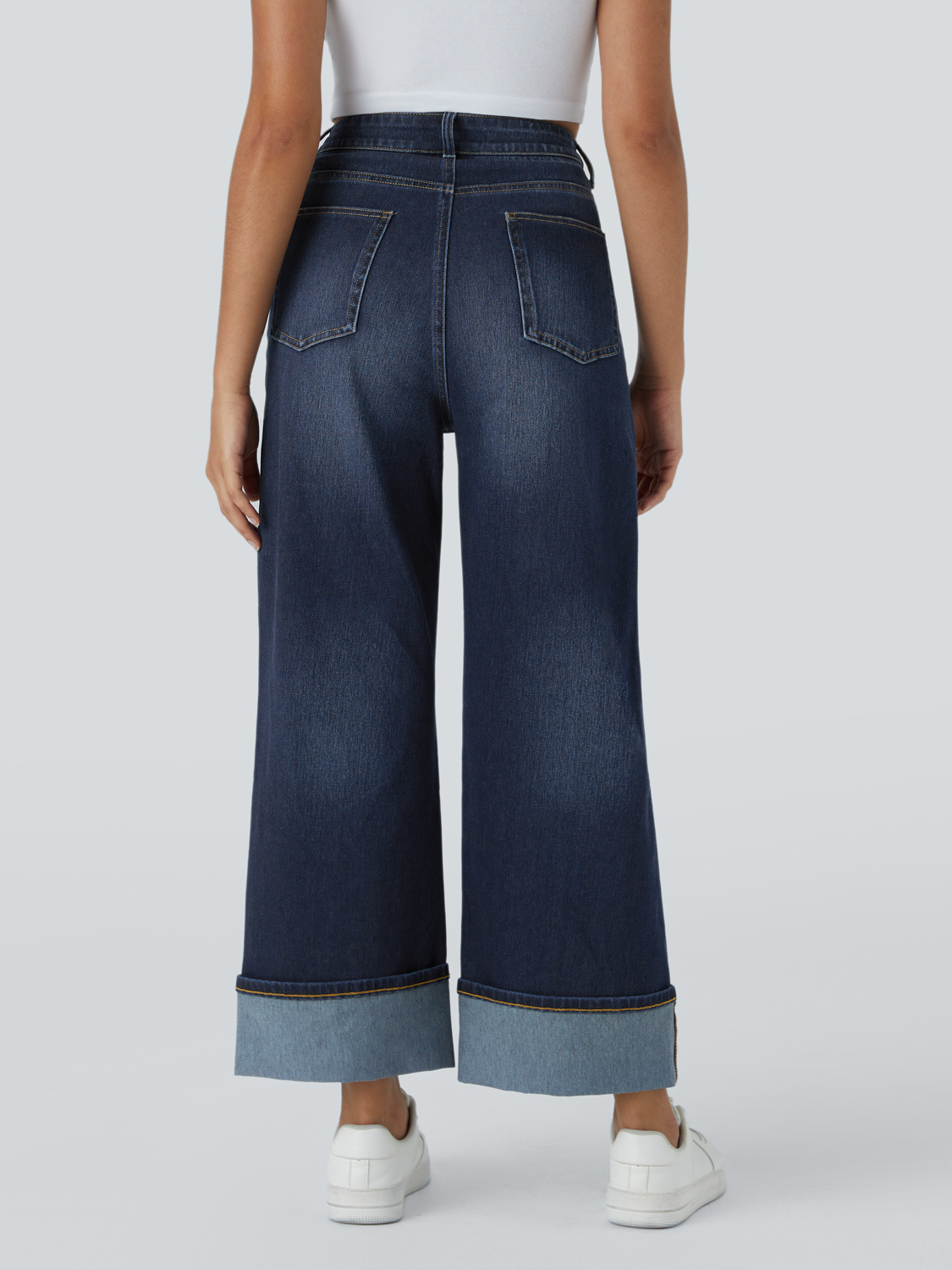 Women's High Waisted Multiple Pockets Rolled Hem Wide Leg Jeans