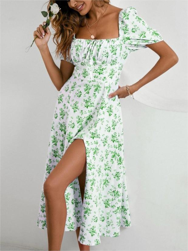 Elegant Square Neck Puff Sleeve Floral Maxi Dress