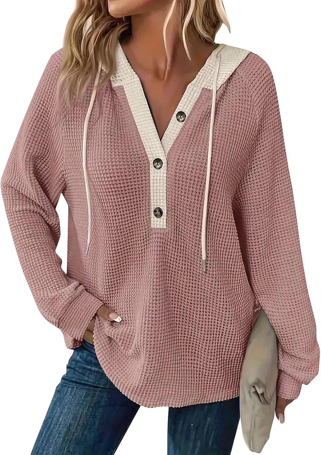 Women's Waffle Knit Drawstring Button Long Sleeve Hoodie