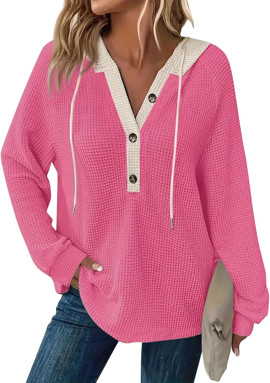 Women's Waffle Knit Drawstring Button Long Sleeve Hoodie