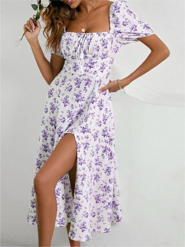 Elegant Square Neck Puff Sleeve Floral Maxi Dress