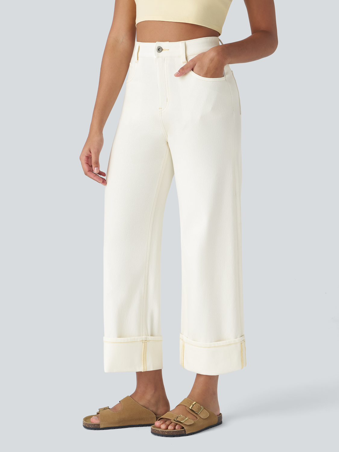 Women's High Waisted Multiple Pockets Rolled Hem Wide Leg Jeans