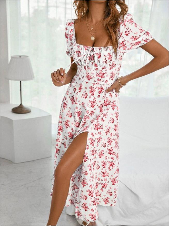 Elegant Square Neck Puff Sleeve Floral Maxi Dress