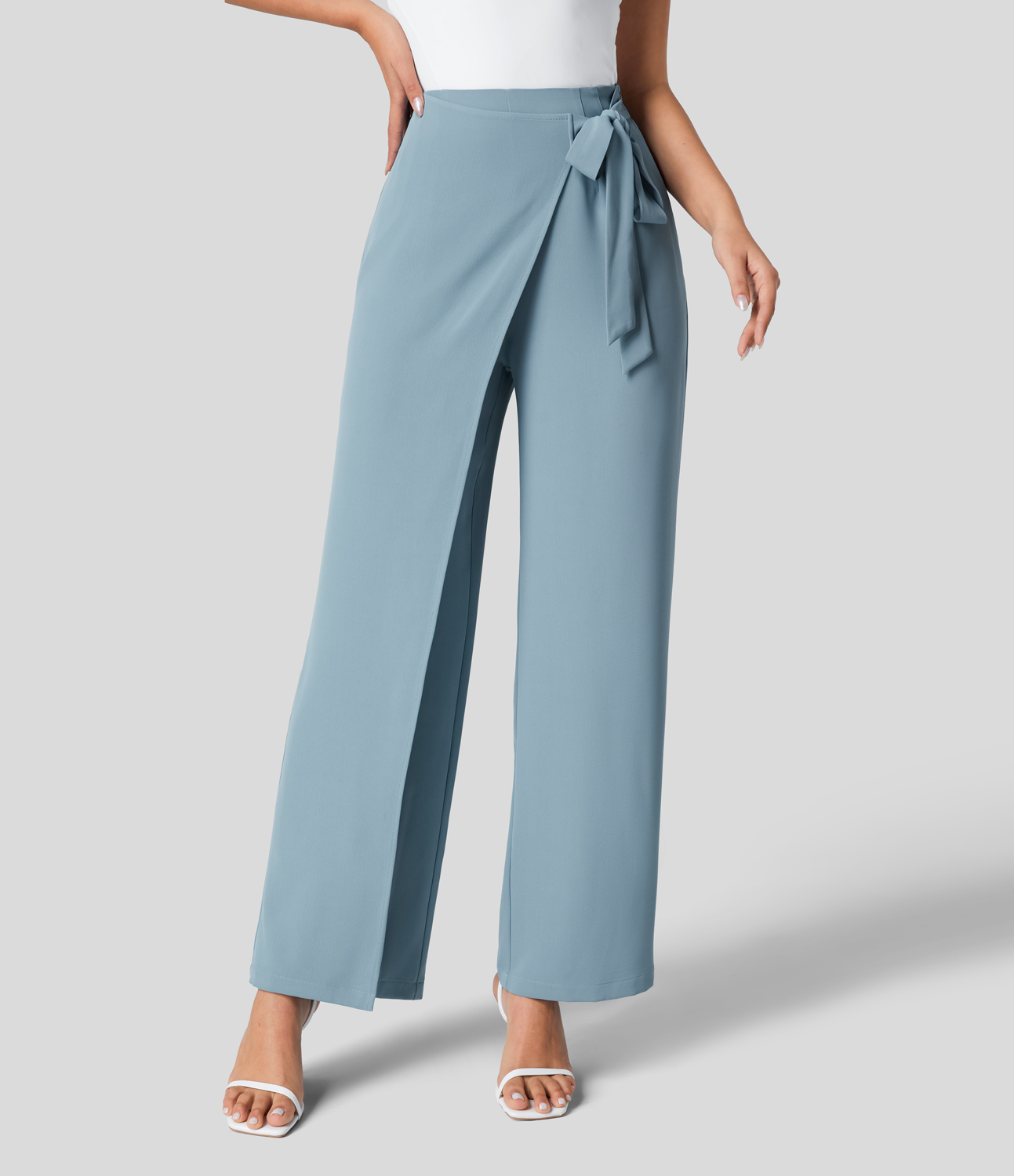 High Waisted Tie Side Invisible Zipper Wide Leg Work Suit Pants