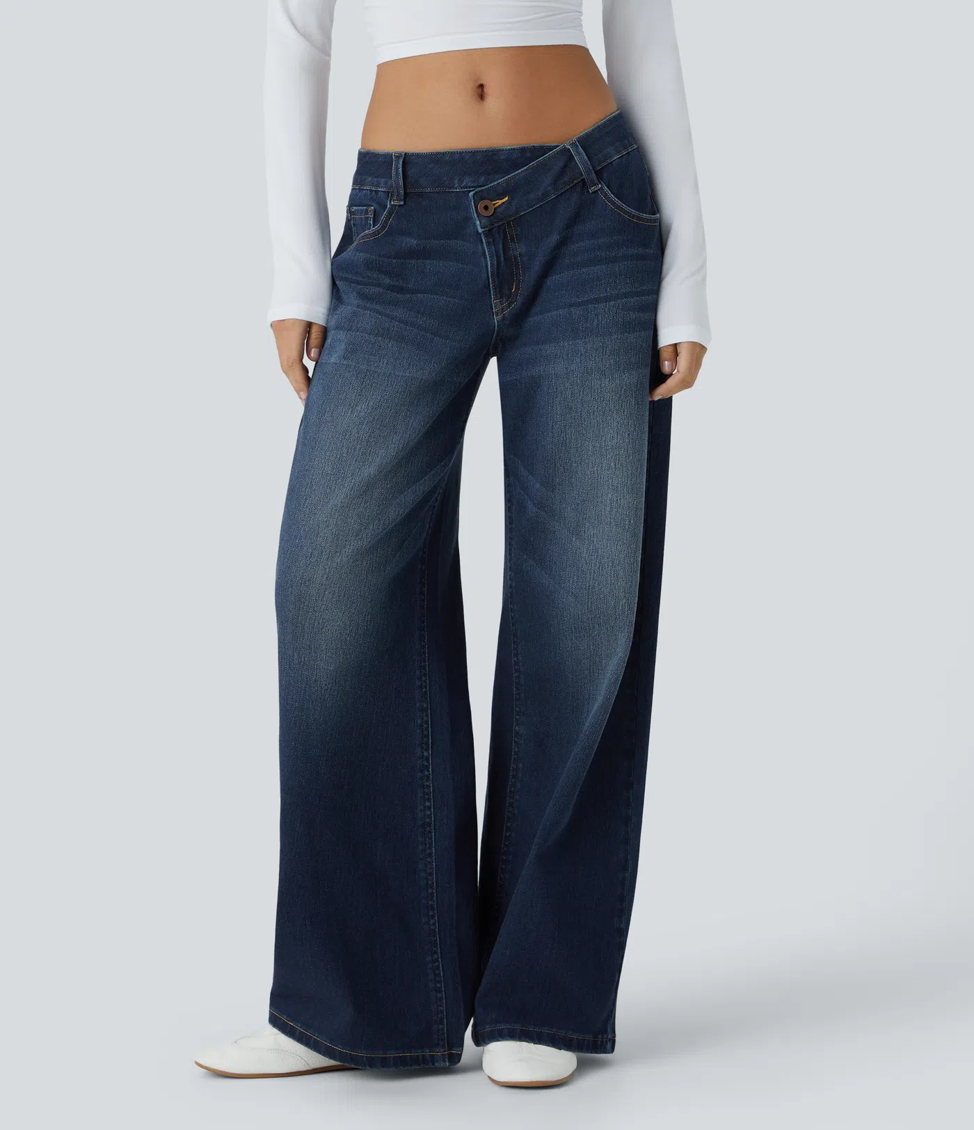Asymmetric Low Rise Zipper Pockets Baggy Wide Leg Washed Casual Jeans