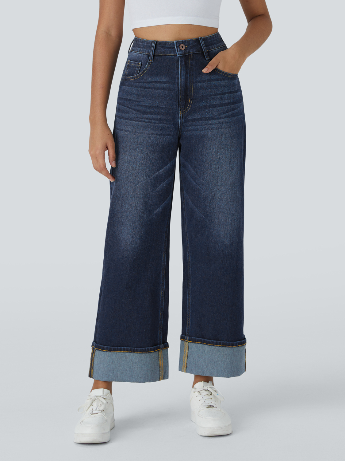 Women's High Waisted Multiple Pockets Rolled Hem Wide Leg Jeans