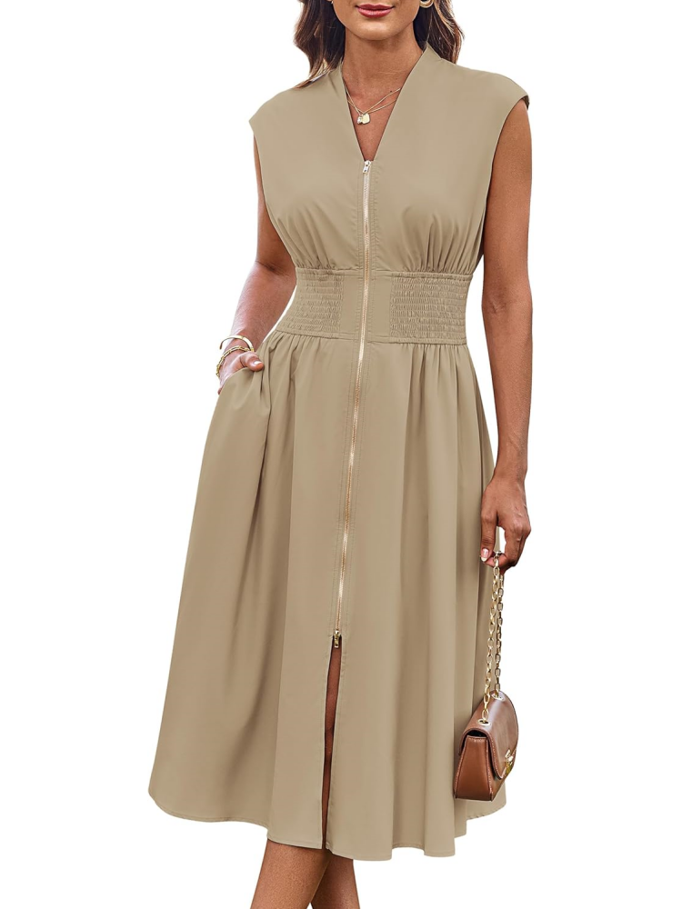 Womens Casual Zipper Front Flowy Midi Dress with Pockets
