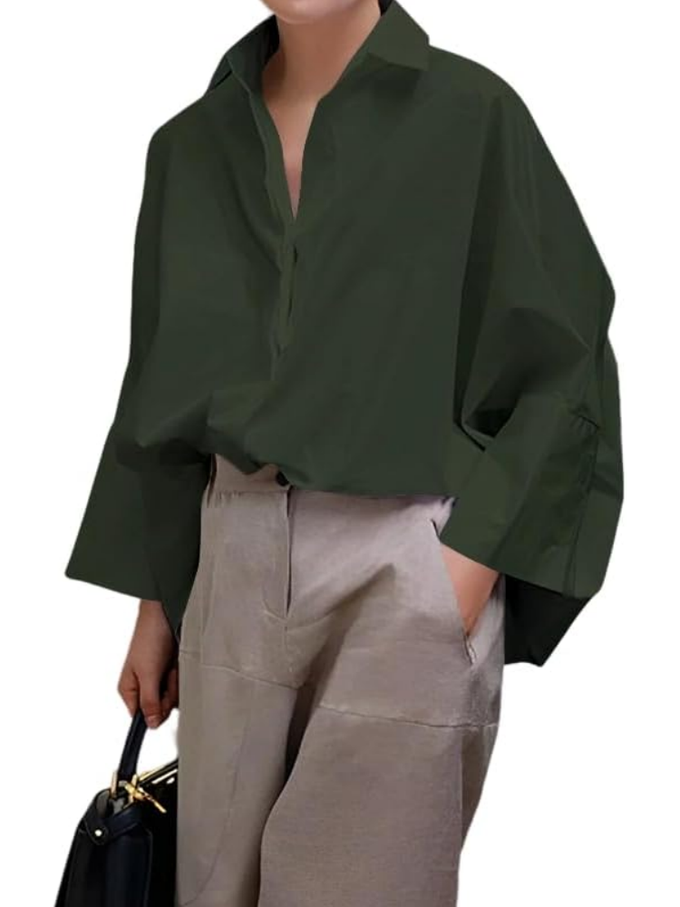 Womens Cotton Casual 3/4 Sleeve Loose Fit Collared Work Blouse Tops