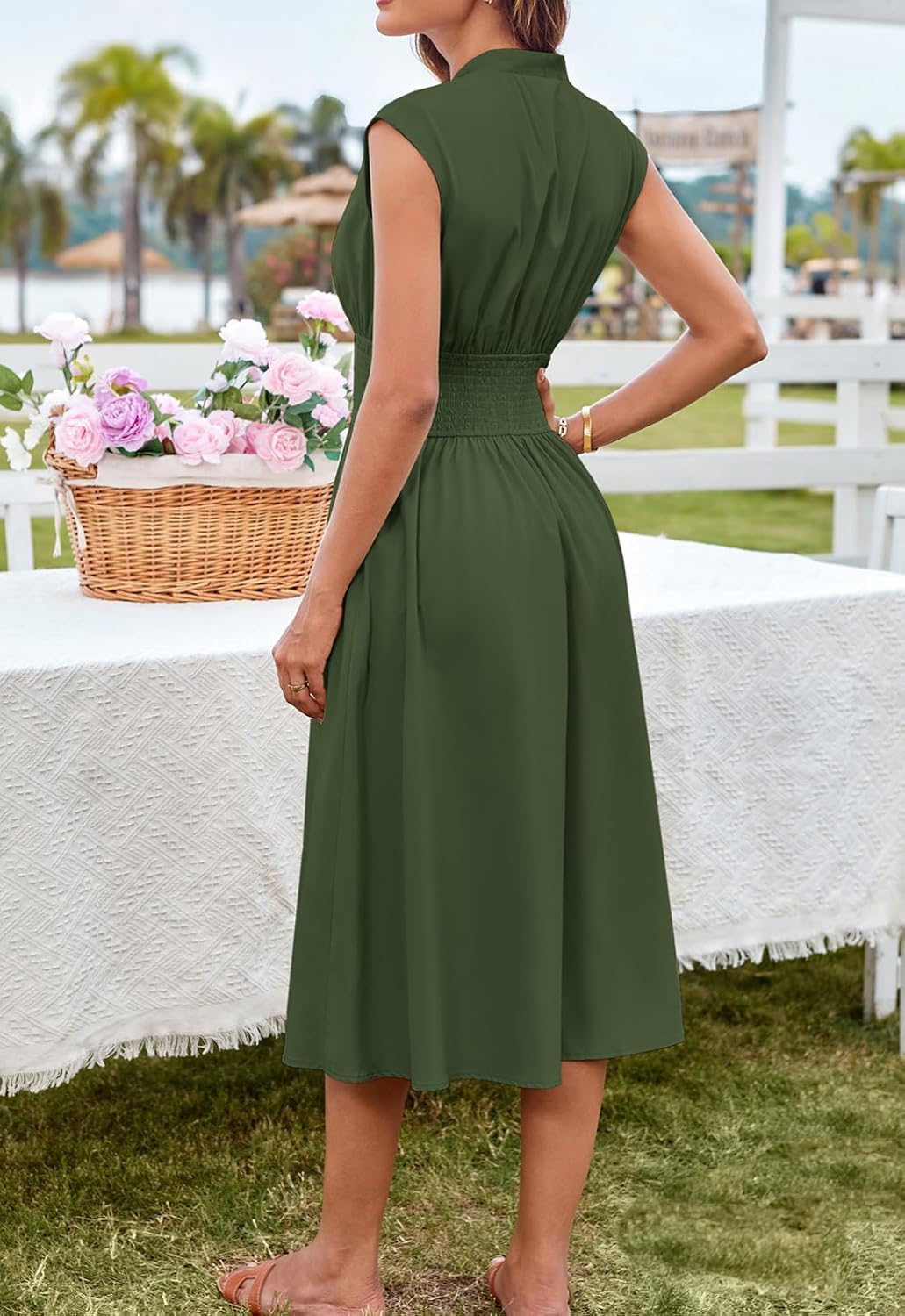 Womens Casual Zipper Front Flowy Midi Dress with Pockets